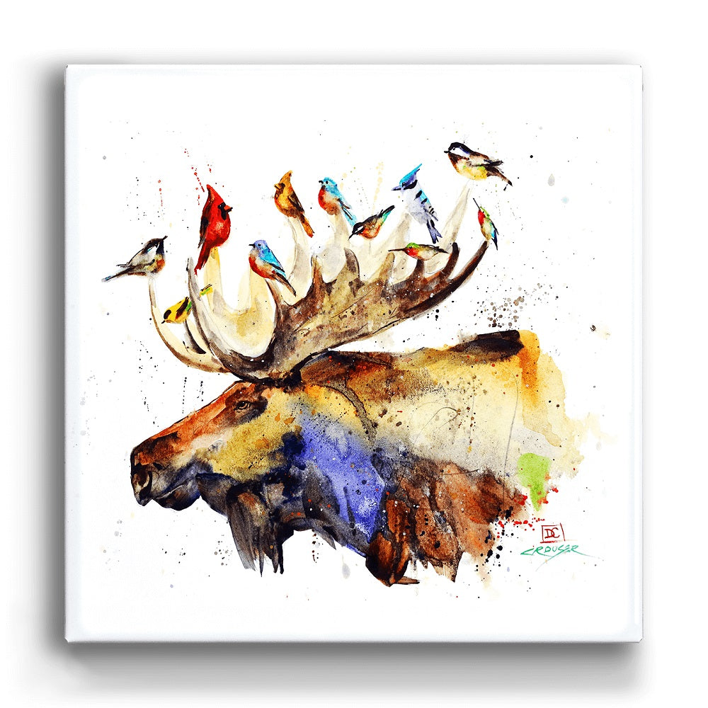 Watercolor moose accompanied by forest birds perched upon his antlers. Dean Crouser Moose and Birds Metal Box Wall Art