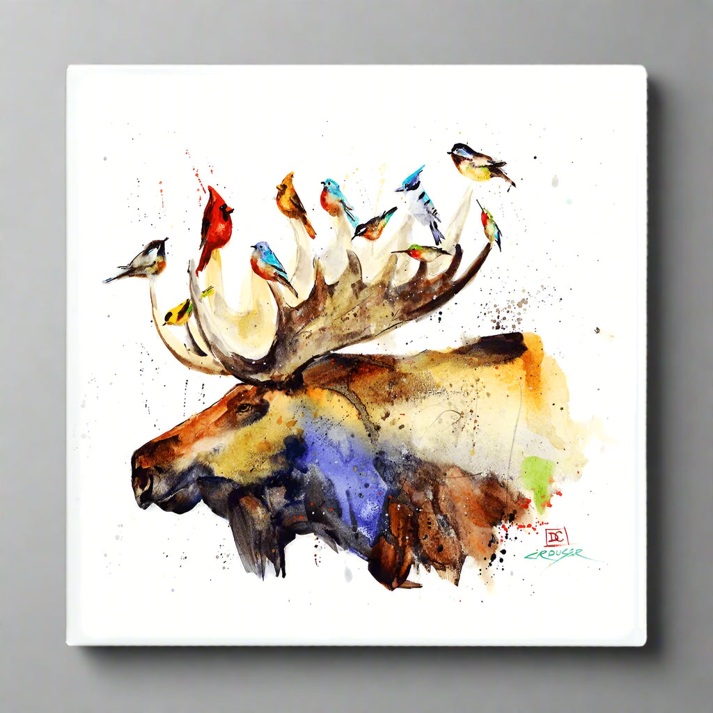 Watercolor moose accompanied by forest birds perched upon his antlers. Dean Crouser Moose and Birds Metal Box Wall Art