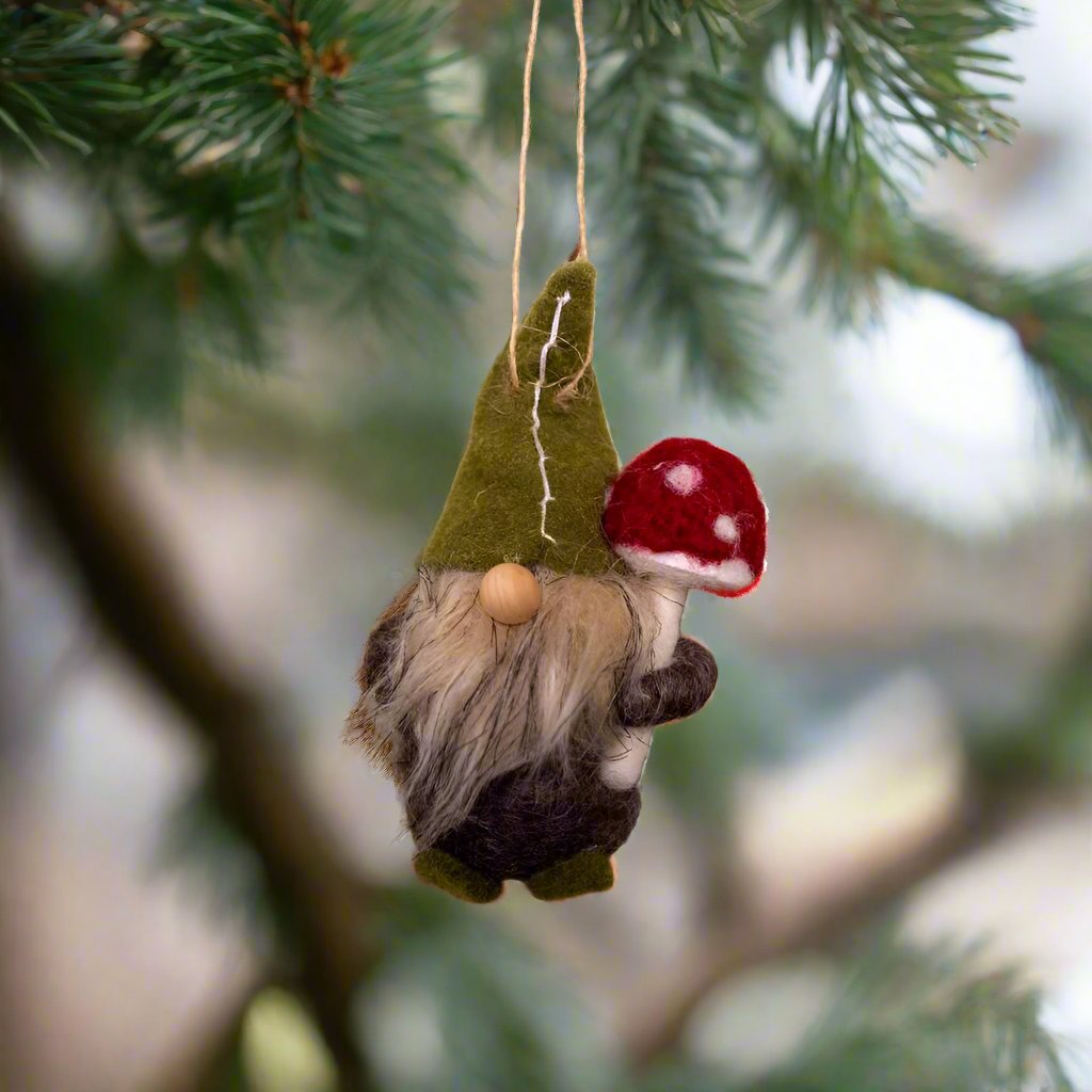 Gnome with Mushroom Wool Ornament by Ganz USA