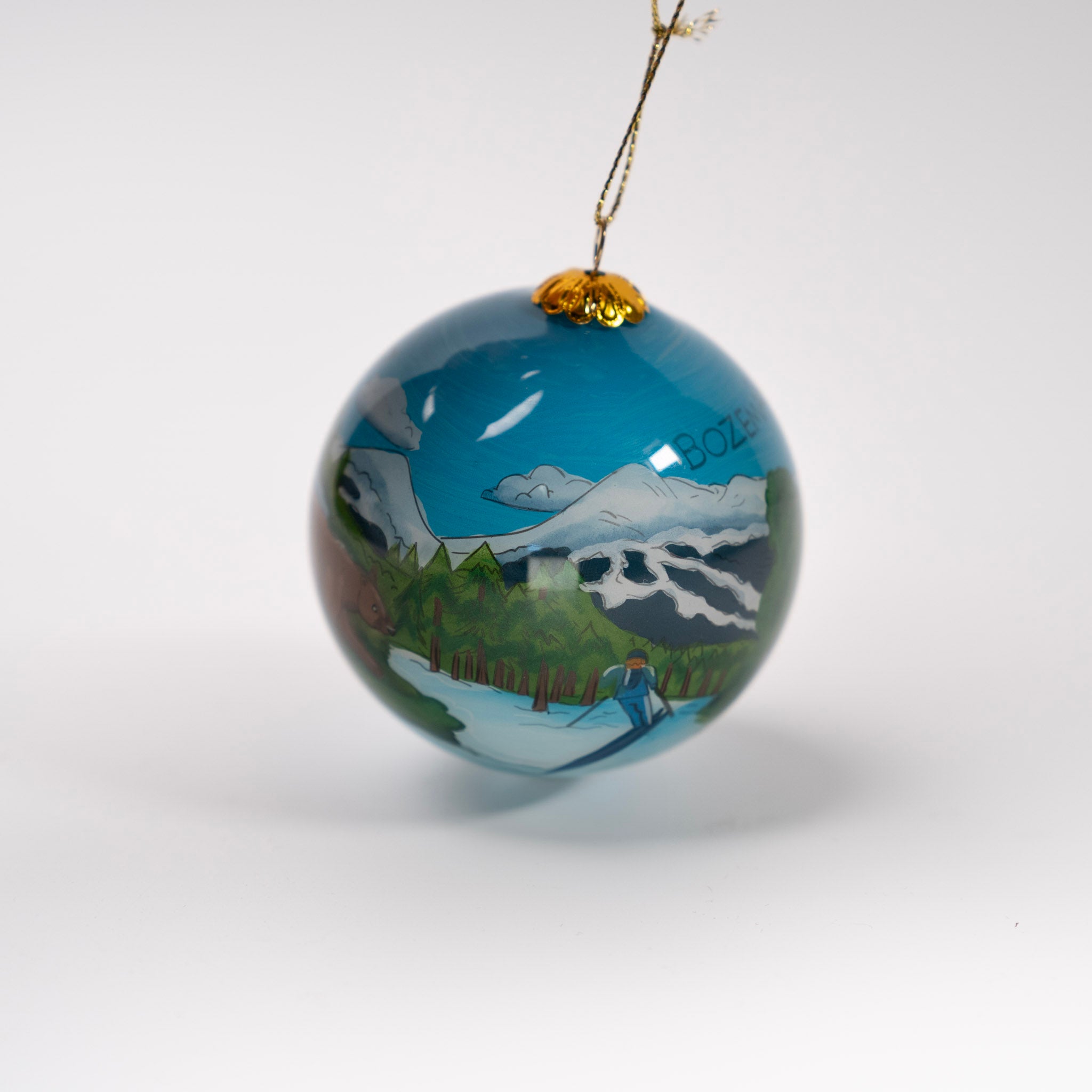 Grizzly Bear Mountains Main Street Bozeman Glass Ornament - skier
