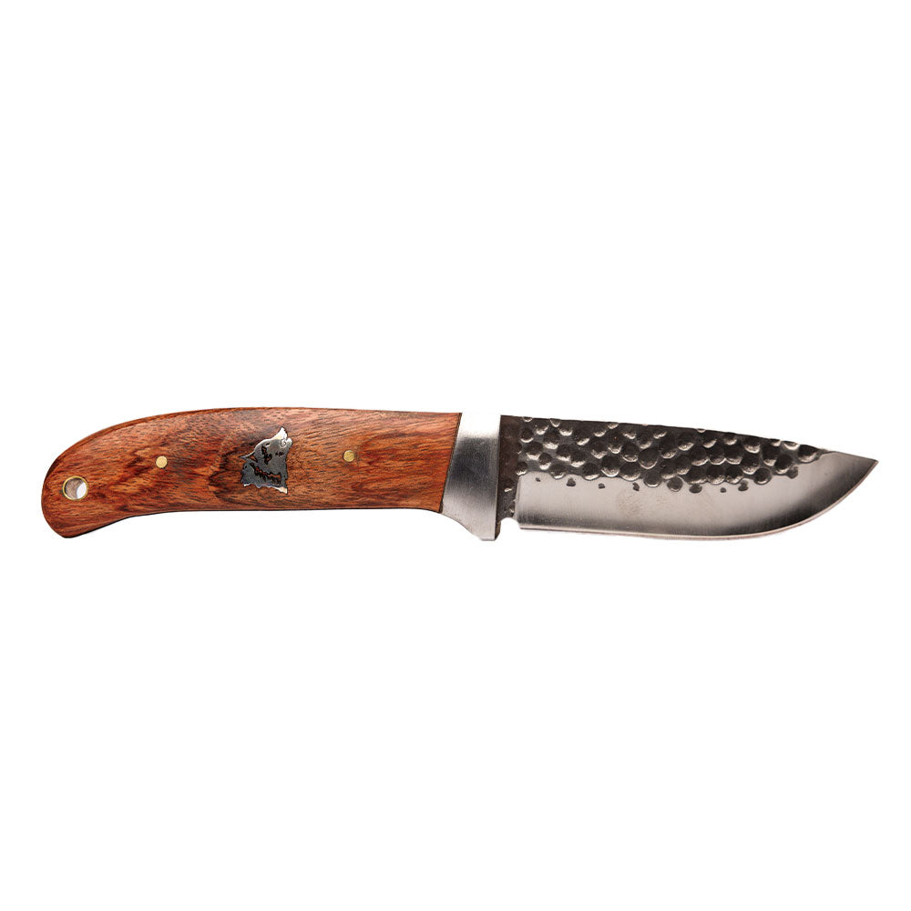 Howling Wolf Head Hammered Steel Fixed Blade Knife with Sheath by Buffalo Knives