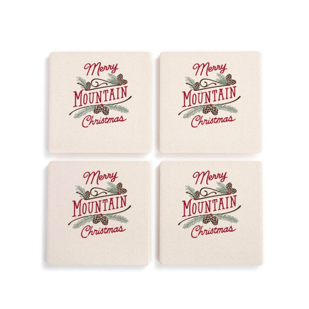 Our Merry Mountain Christmas Coasters by Demdaco are crafted from quality ceramic with anti-clip cork backing to prevent slipping. They measure 4" square and are available in a set of 4!