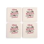 Our Merry Mountain Christmas Coasters by Demdaco are crafted from quality ceramic with anti-clip cork backing to prevent slipping. They measure 4" square and are available in a set of 4!