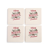 Our Merry Mountain Christmas Coasters by Demdaco are crafted from quality ceramic with anti-clip cork backing to prevent slipping. They measure 4" square and are available in a set of 4!