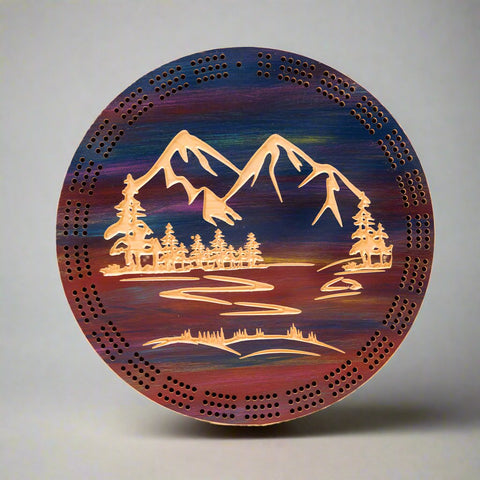 SunsetMountainSceneCircleCribbageBoardbyKnottyPineWoodworks