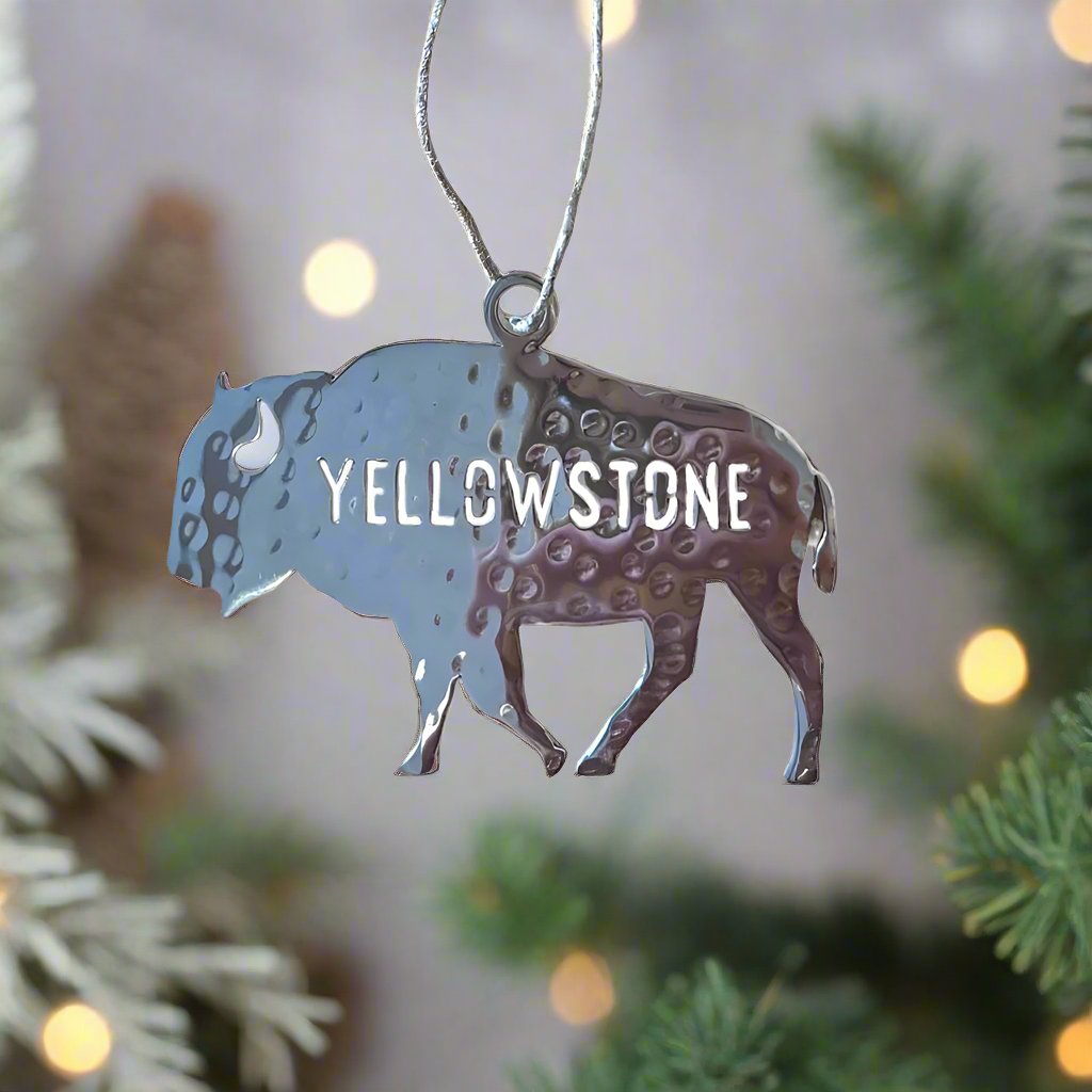 Yellowstone National Park Buffalo Stainless Steel Hammered Ornament - Silver